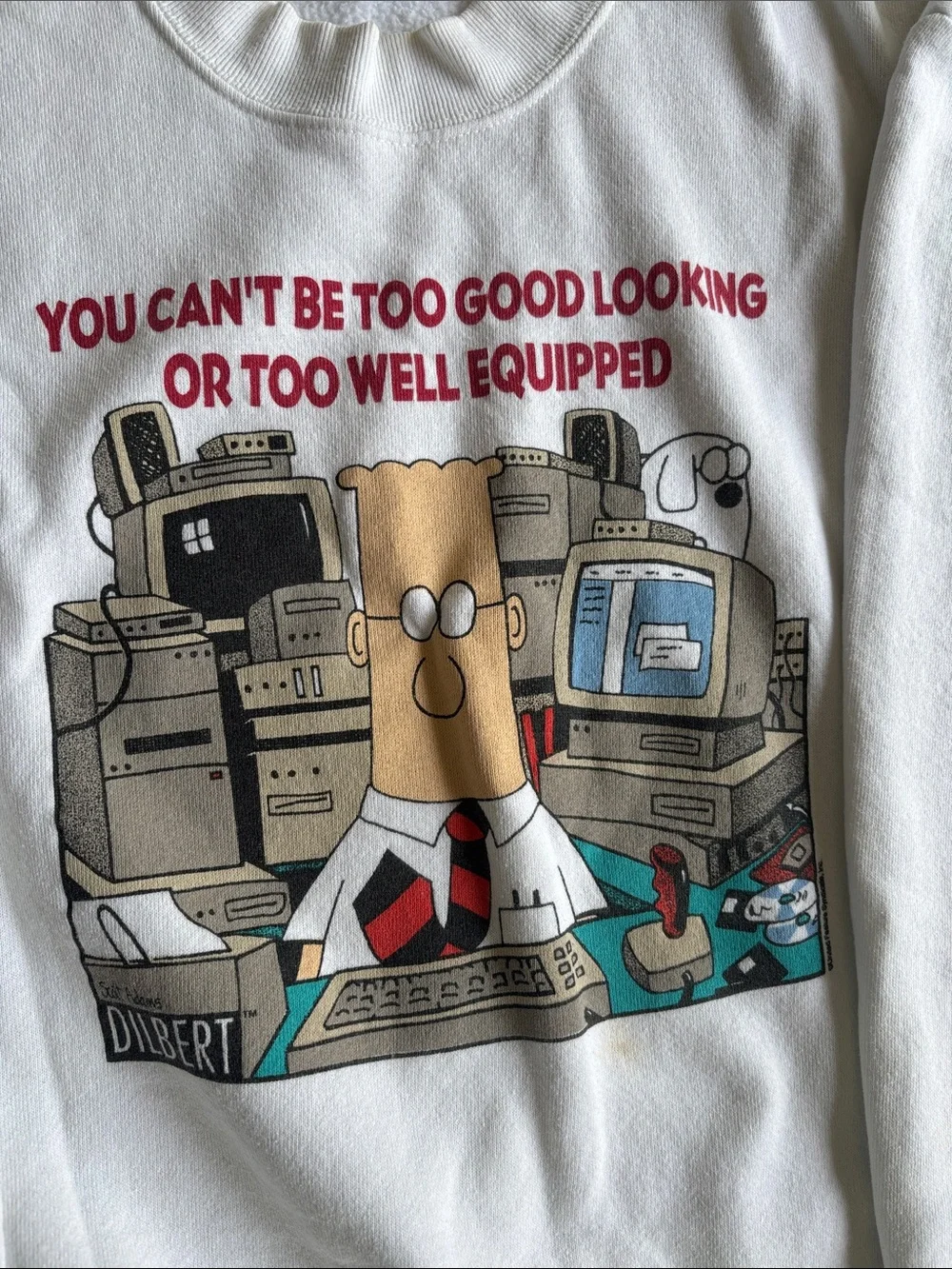 Jerzees White Graphic Crewneck Sweatshirt with Dilbert Comic